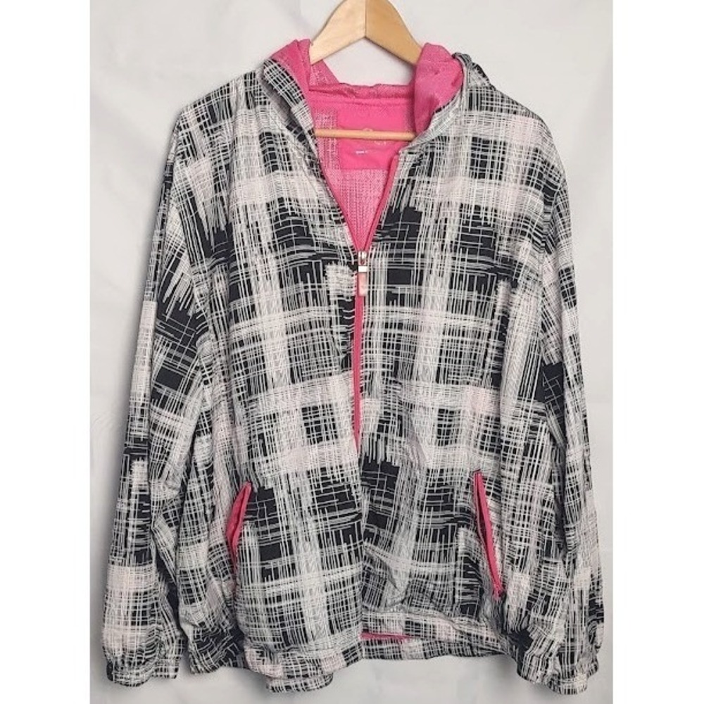 Activology Womens Plus Size 3X Hooded Windbreaker Jacket Abstract Black Pink Zip